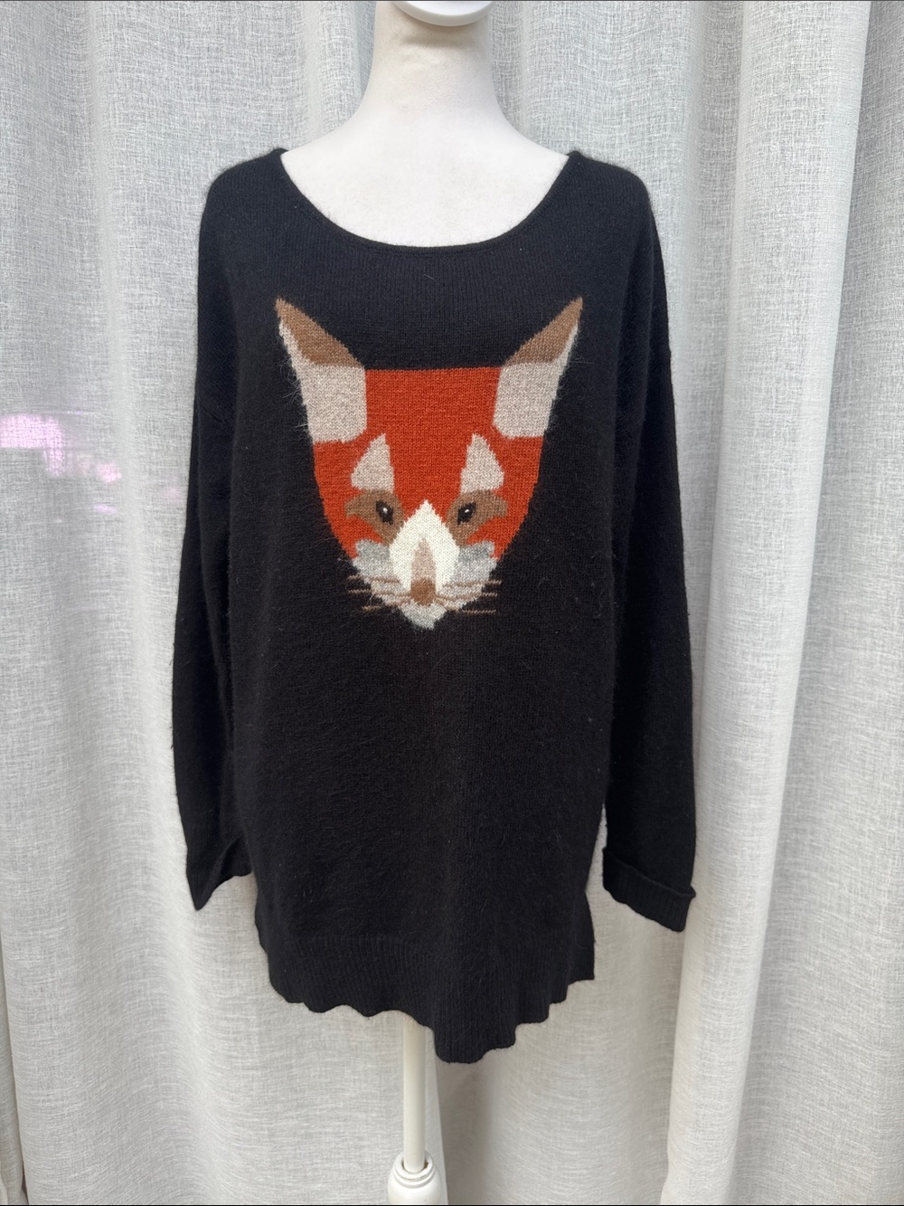 Etam France black knit sweater geometric red fox face wool angora acrylic